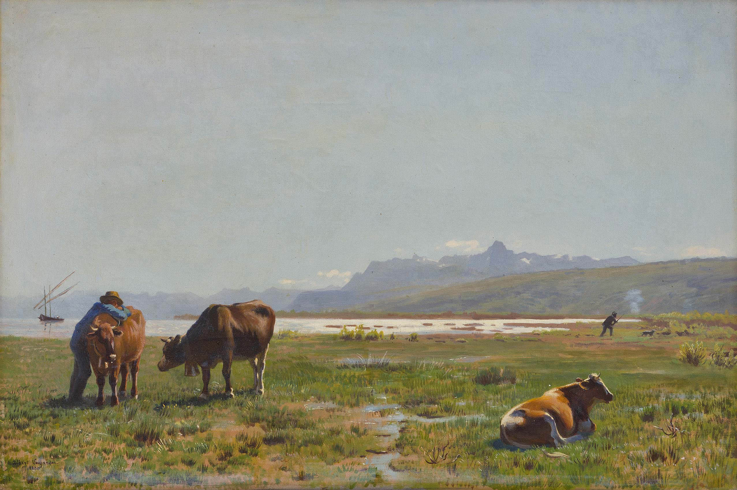 Lugardon Albert - Vaches et chasseur au lac Léman
