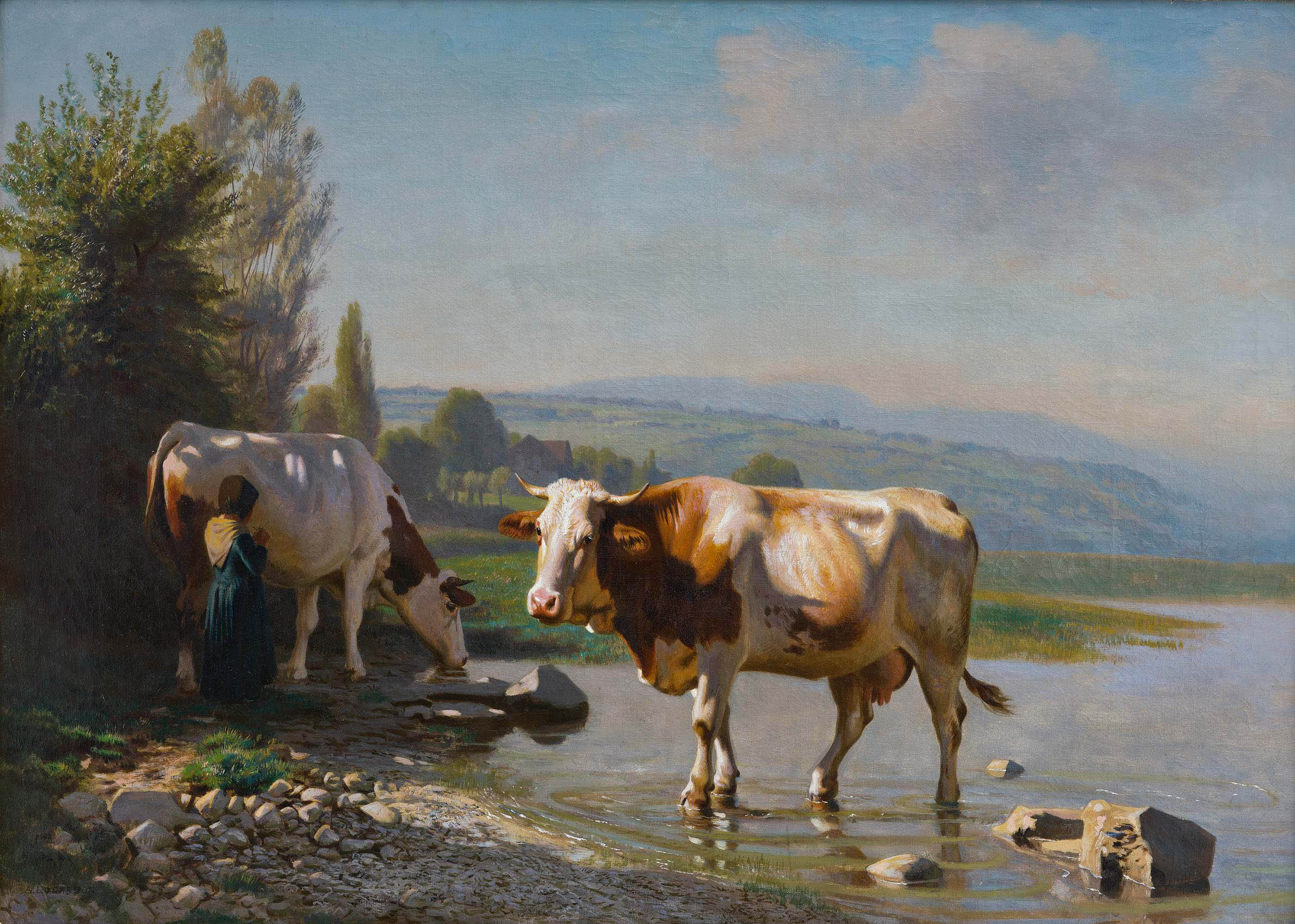 Lugardon Albert - Fille de berger avec deux vaches au bord du lac