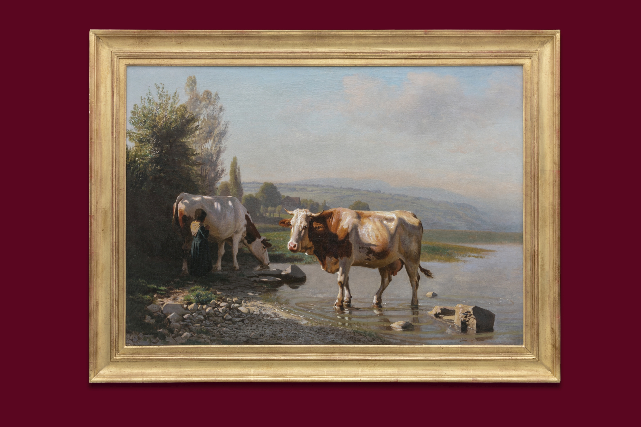 Lugardon Albert - Fille de berger avec deux vaches au bord du lac - Encadré