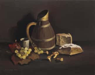 Menge Charles - Nature morte aux raisins, girolles, fromage et cruche