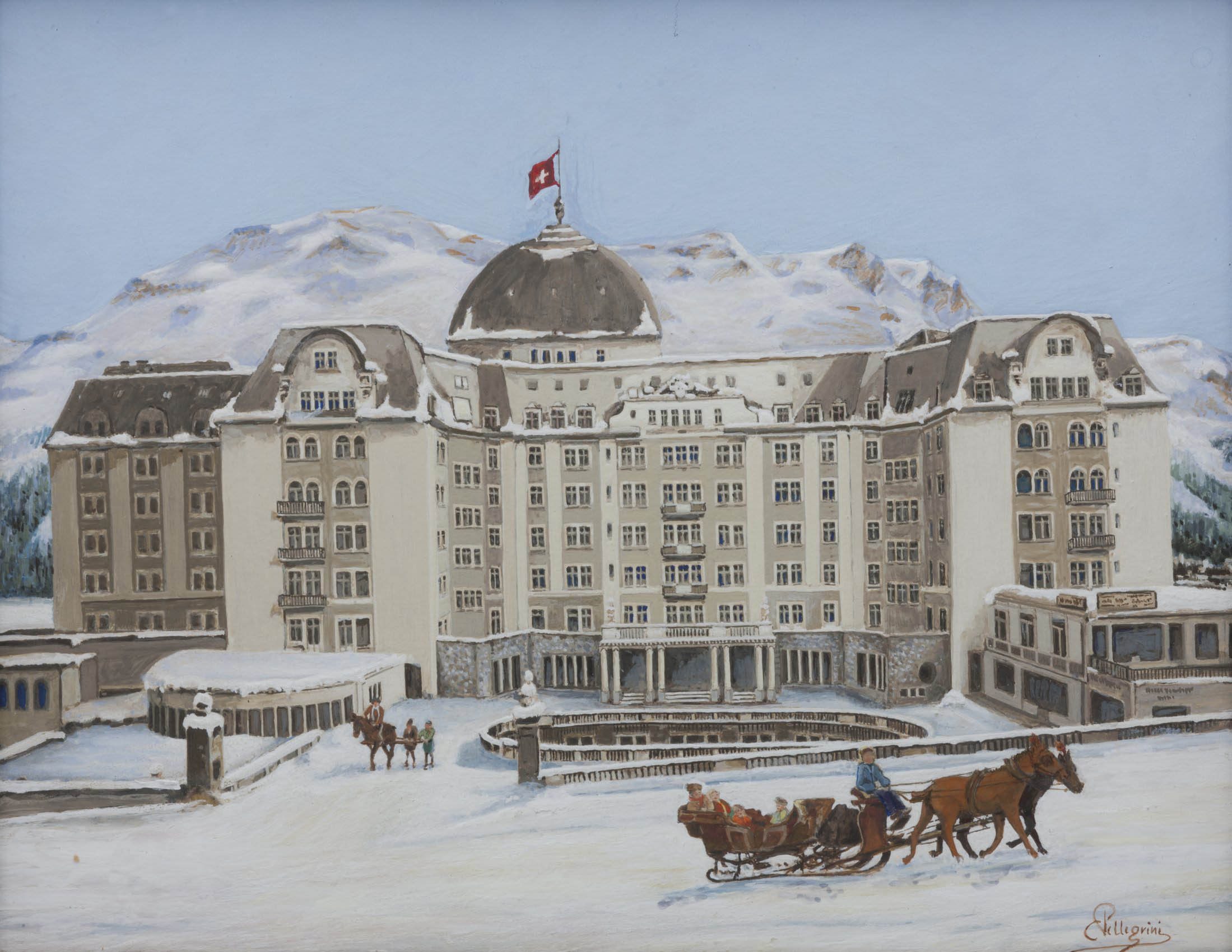 Pellegrini Carlo - Traîneaux tirés par des chevaux devant le Grand Hôtel St-Moritz