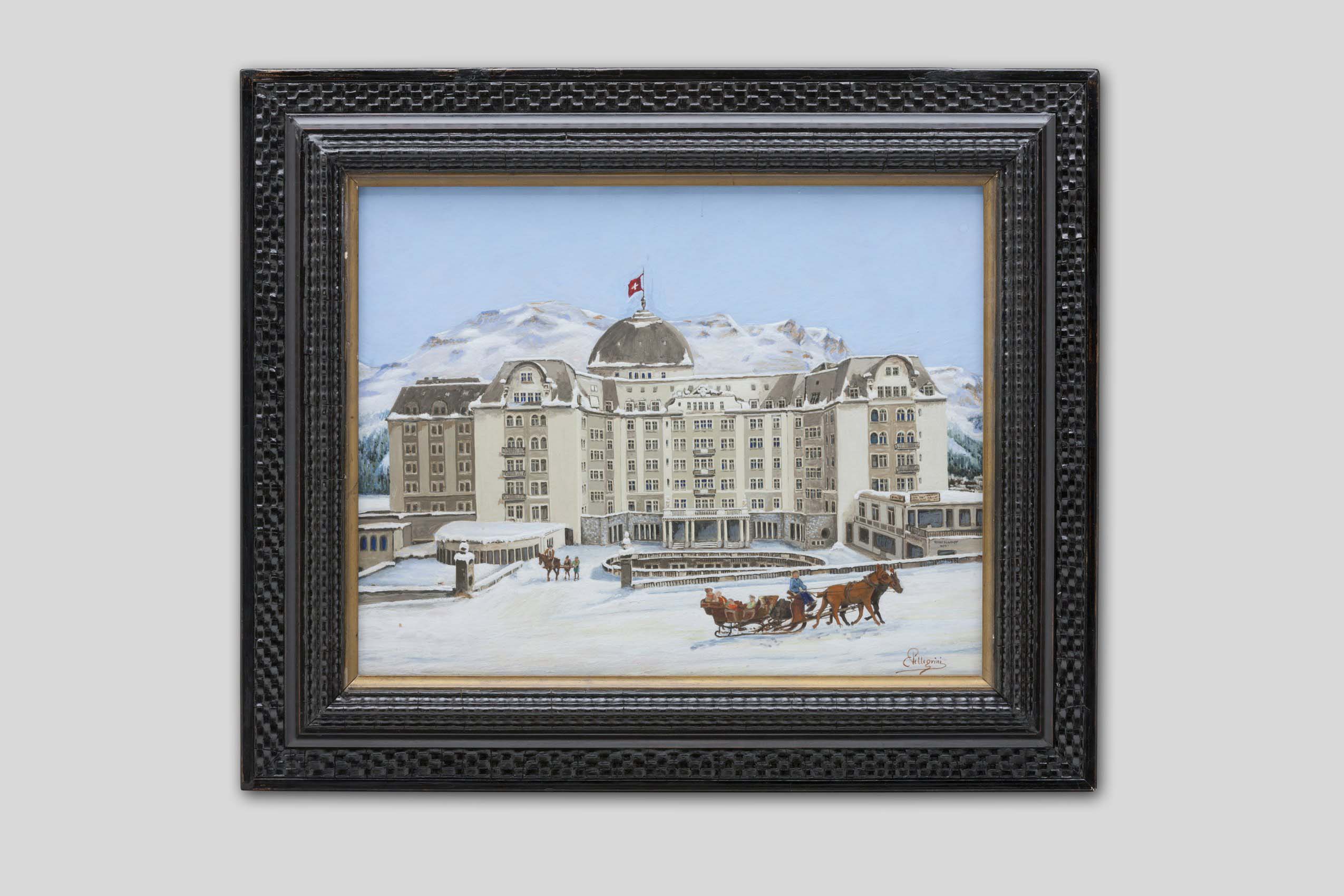 Pellegrini Carlo - Traîneaux tirés par des chevaux devant le Grand Hôtel St-Moritz - Encadré
